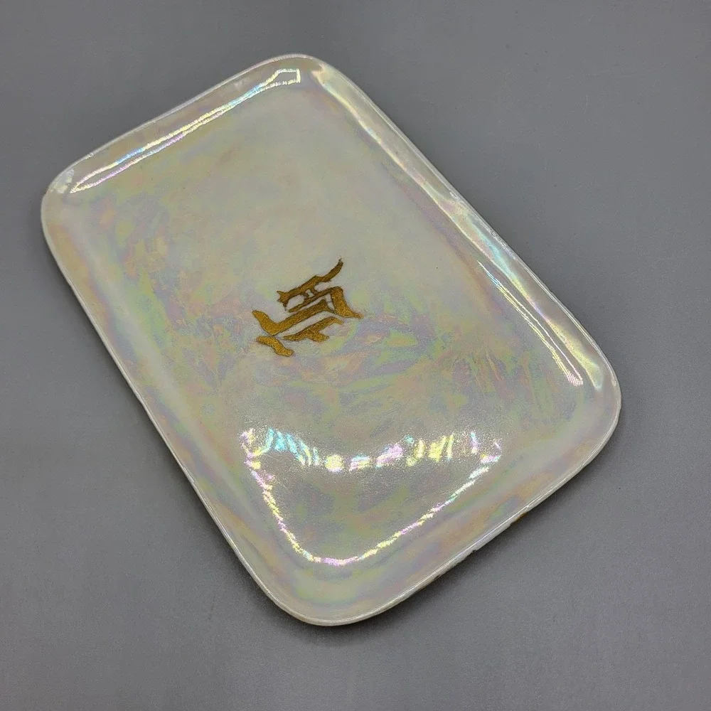 Vintage Limoges Trinket Dish Iridescent Gold Monogram Luster Tray White 6.75x4.5